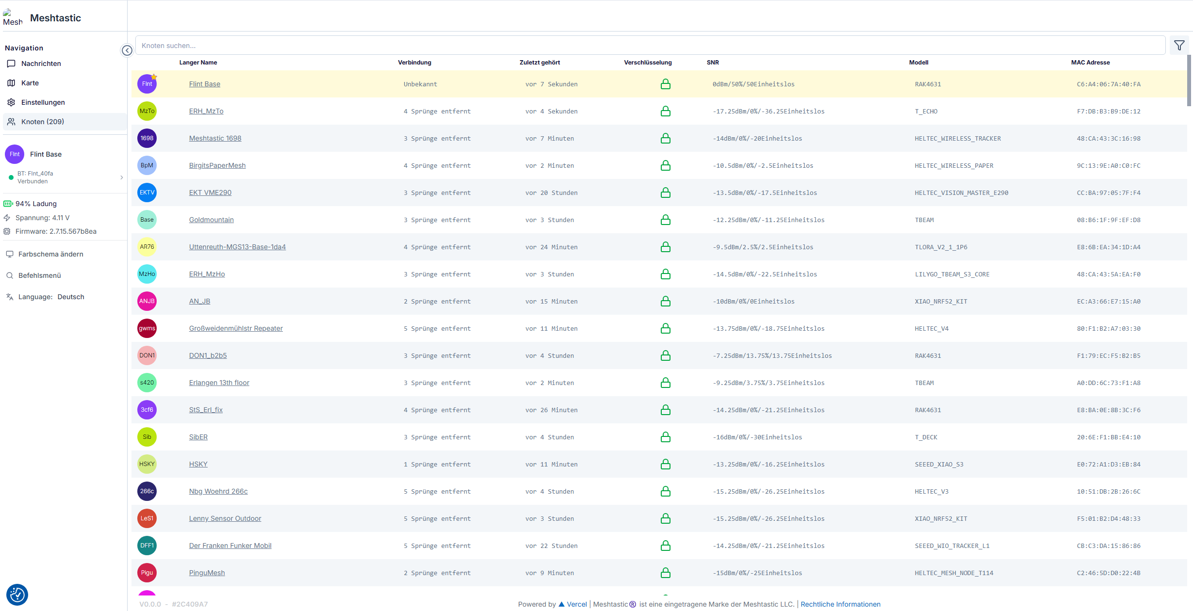 Hauptbildschirm der Meshtastic Web UI