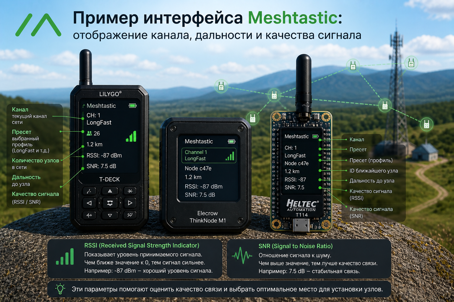 Meshtastic логотип и пример интерфейса